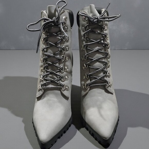 Darker Wavs ✦ Grey Suede Heeled Lace-Up Boots ✦ Charcoal Accents 4" Heel 8 NWT - Picture 3 of 16